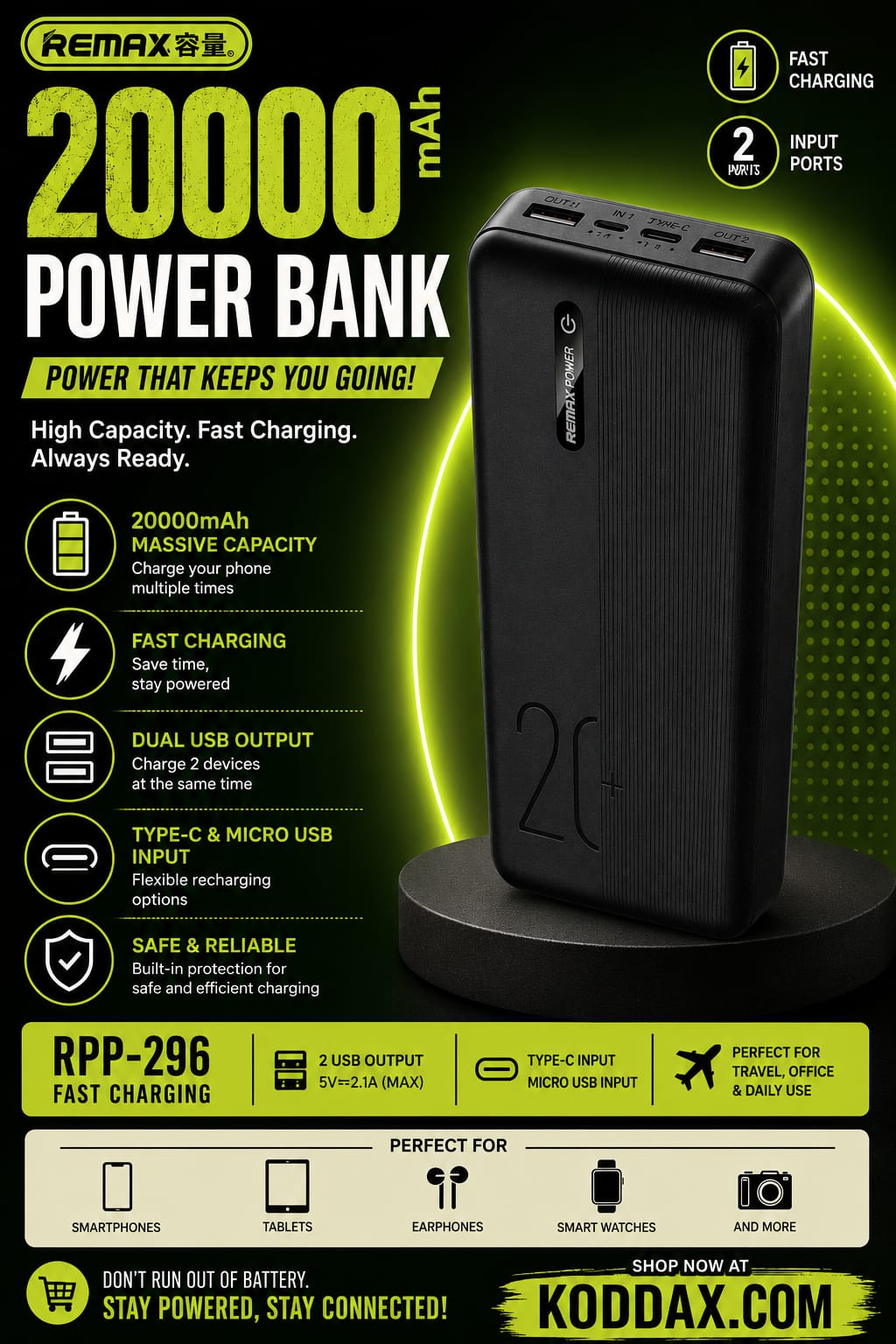 Remax RPP-296 20000mah Fast Charging Power Bank