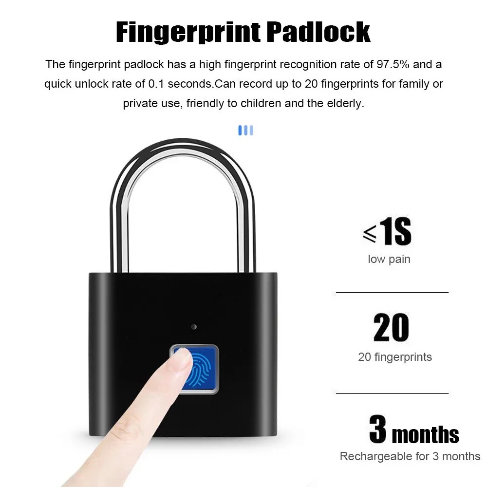 Mini Keyless Smart Security Lock Fingerprint Padlock For Cabinet Box Waterproof Fingerprint Padlock