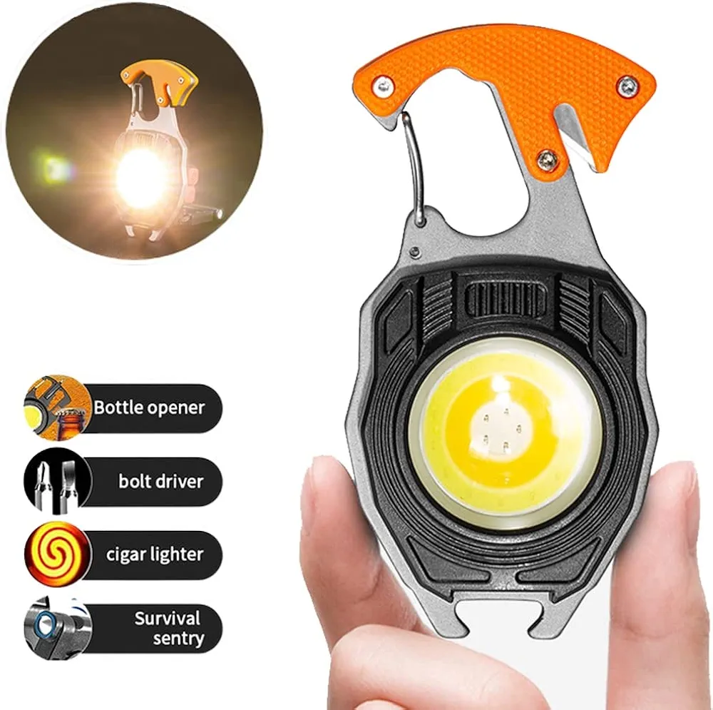 Keychain LED Flashlights – Rechargeable Torch with 7 Light Modes, Lighter, Whistle, Screwdriver, Bottle Opener, Magnet Base, 800 Lumens COB Light for Camping and Outdoor Emergency