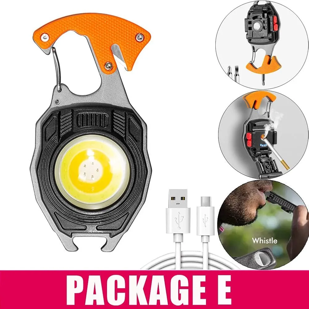 Keychain LED Flashlights – Rechargeable Torch with 7 Light Modes, Lighter, Whistle, Screwdriver, Bottle Opener, Magnet Base, 800 Lumens COB Light for Camping and Outdoor Emergency