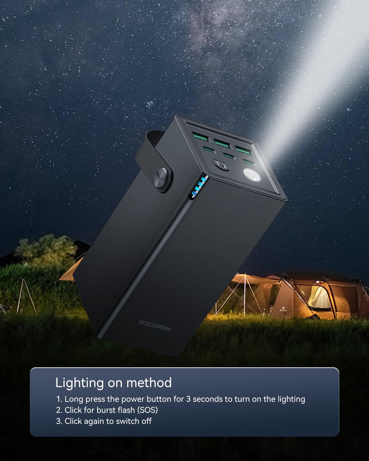 Rocoren 50,000mAh 22.5W Power Bank With Fast Charging 6 Ports USB + Type-C Powerbank With Flashlight